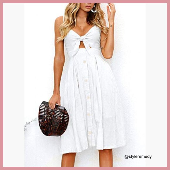 Cotton Blend Tie Front A-Line Midi Dress Spaghetti Strap - Picture 3 of 7